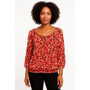 Michael Michael Kors P/S Petite Red Floral Peasant Blouse 3/4 Sleeve Top - Gift